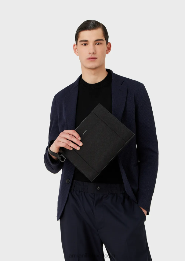 vyrų juodas Armani perdirbtas ruoželinis maišelis su odinėmis detalėmis 02482X2175