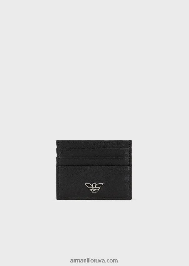 vyrų juodas Armani regeneruotos odos kortelių laikiklis su erelio plokštele 02482X2180