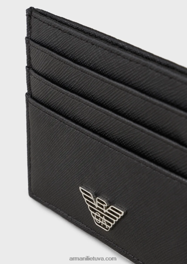 vyrų juodas Armani regeneruotos odos kortelių laikiklis su erelio plokštele 02482X2180