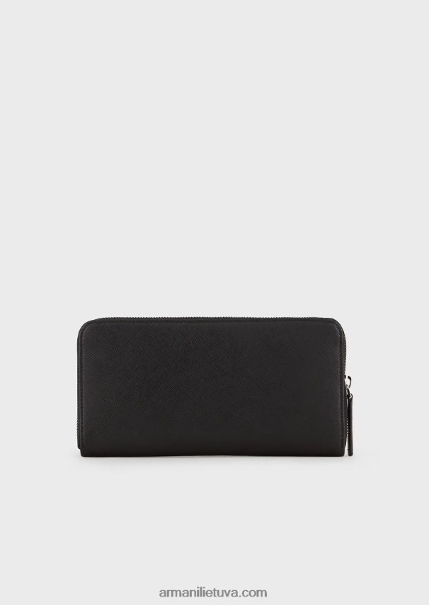 vyrų juodas Armani regeneruotos odos piniginė su užtrauktuku ir erelio plokštele 02482X2184