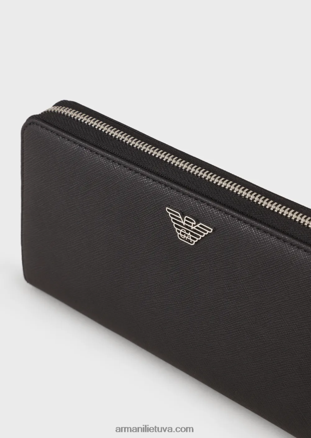 vyrų juodas Armani regeneruotos odos piniginė su užtrauktuku ir erelio plokštele 02482X2184