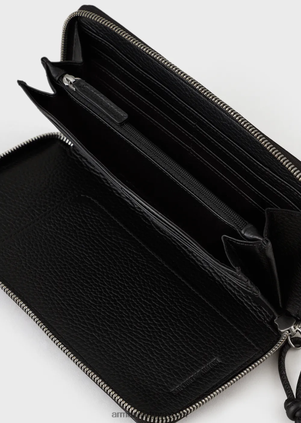 vyrų juodas Armani susukta odinė piniginė su užtrauktuku 02482X2186