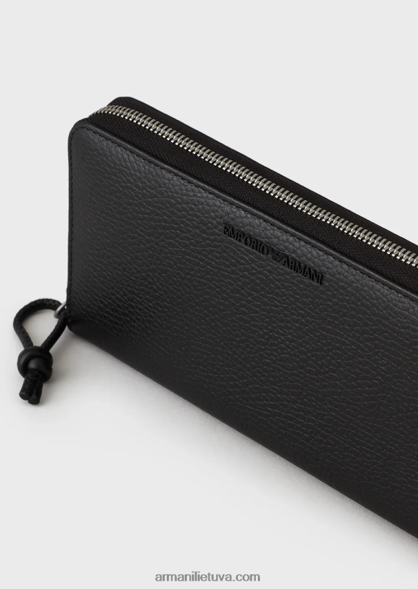 vyrų juodas Armani susukta odinė piniginė su užtrauktuku 02482X2186