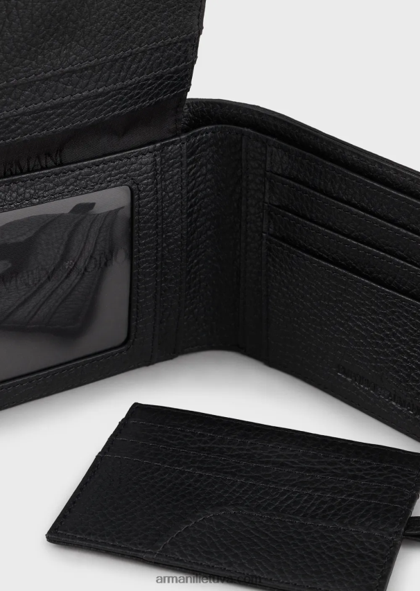 vyrų juodas logotipas Armani susukta odinė piniginė su nuimamu kortelių laikikliu 02482X2222
